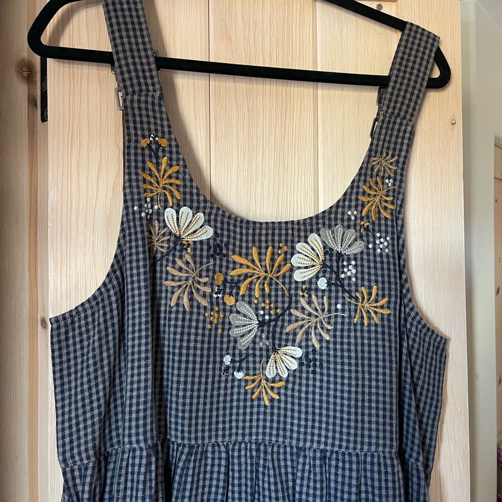 Embroidered Checkered Pinafore Dress